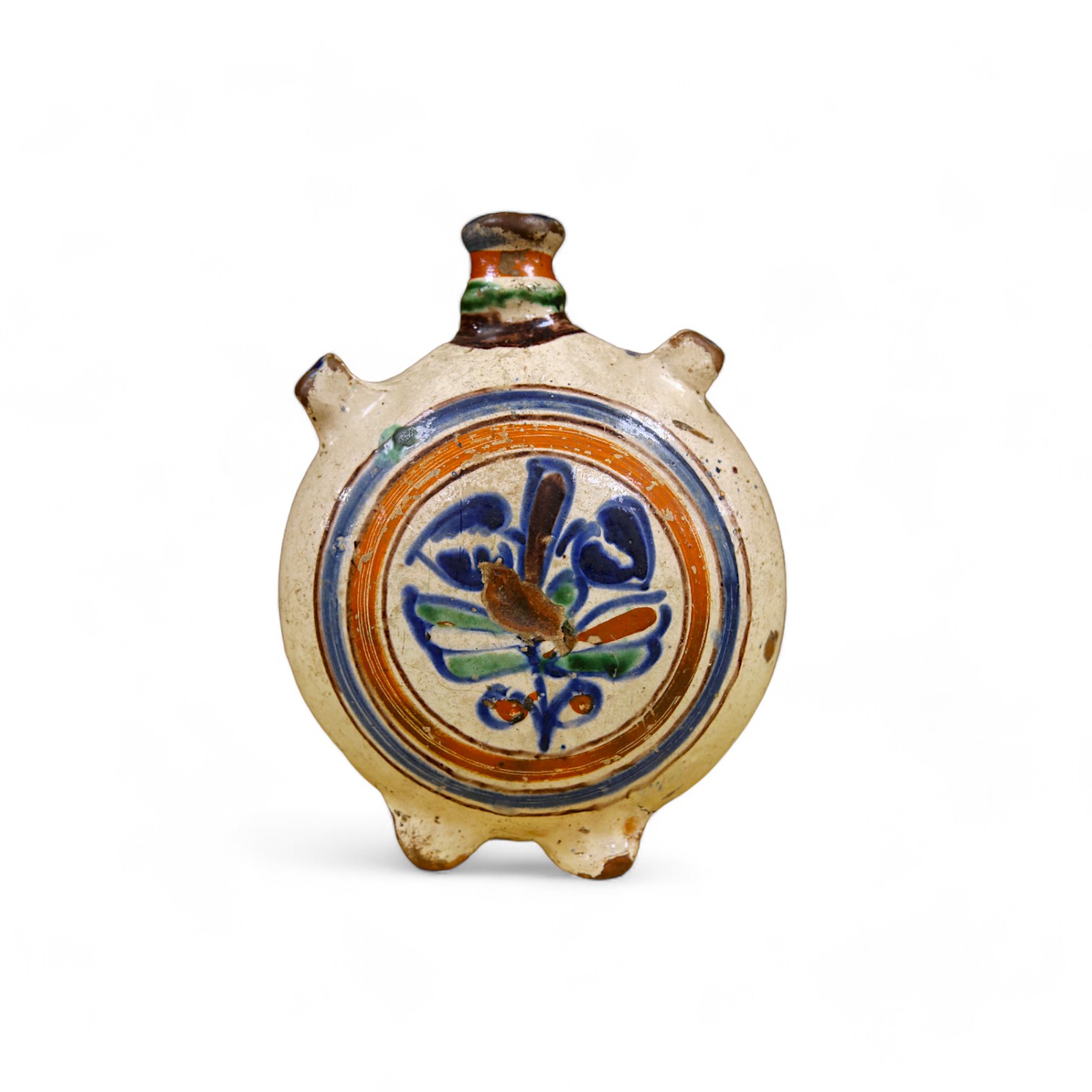 An 18th century? Spanish maiolica pilgrim flask, 17cm. Condition - poor to fair